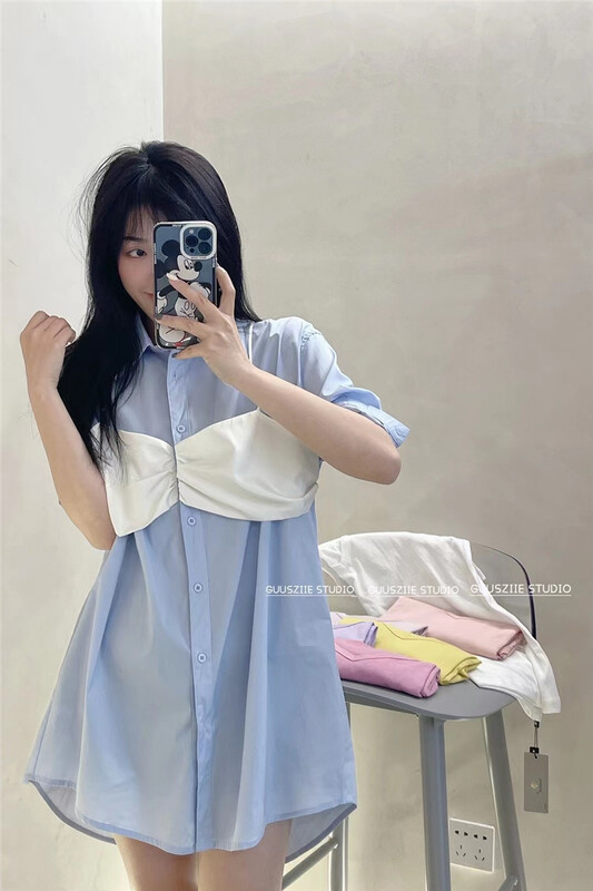 [Gu Shi] temperament stitching medium length shirt 22016# hjy