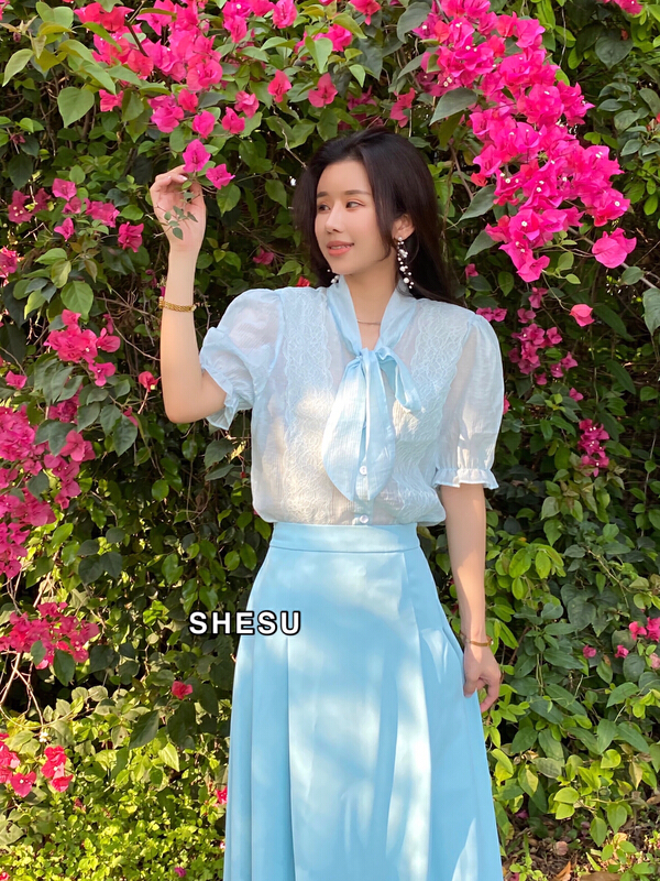 [Shesu sleepover] foreign style knot bubble sleeve button up blouse 2208# zxx