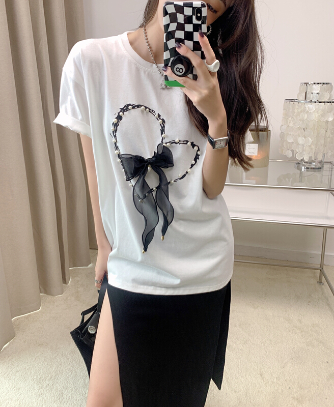 [Vanessa] exquisite pearl bow short sleeve T-shirt (with bow) 6129# ozq