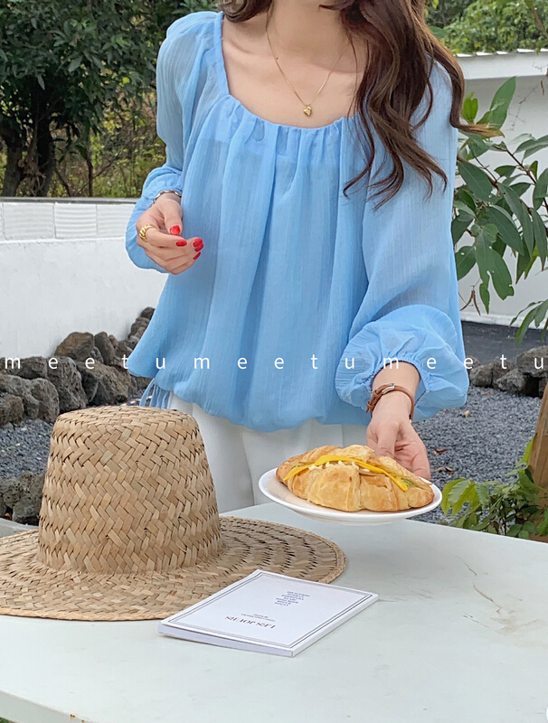 New year in early spring! [meetu] square neckband fairy chiffon shirt 2137# ZSY
