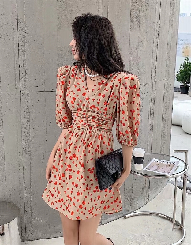 [YG] Vintage French Style Bubble Sleeve V-neck floral pleated elastic waistband dress 8455# lwy