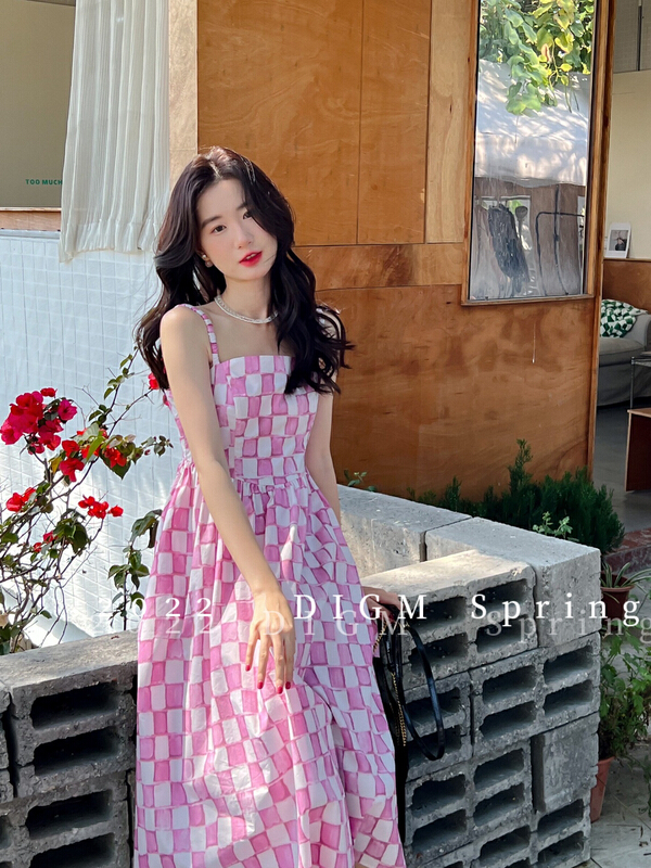 [digm] Vintage Plaid slim suspender dress 7920-1# zxx