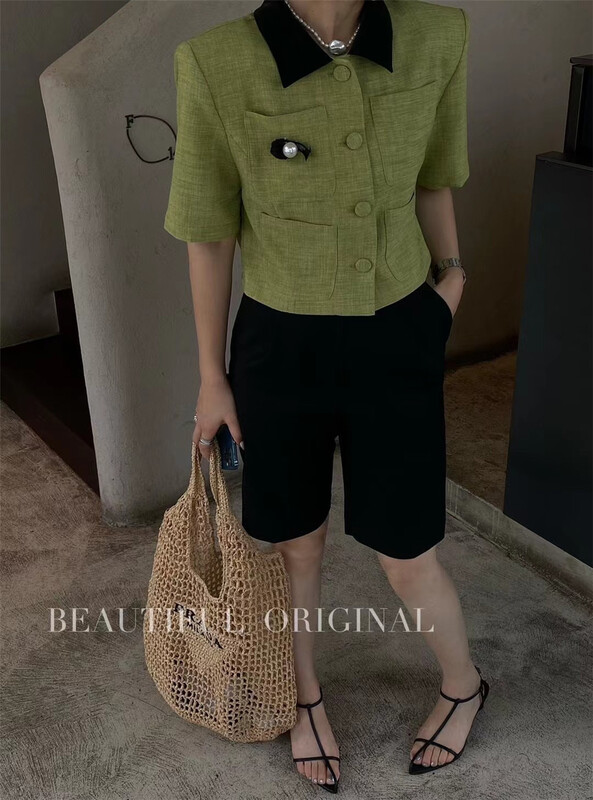 [B-O] small fragrance temperament contrast color collar short coat 87313# XYJ