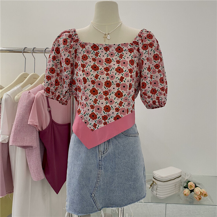[naimier] bubble sleeve broken flower irregular blouse (only selling blouses) 2003# LSW