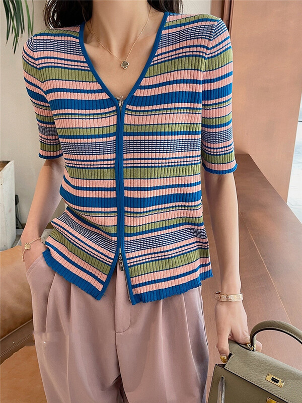 [tab CP] V-neck zipper casual stripe blouse 20023# zxx