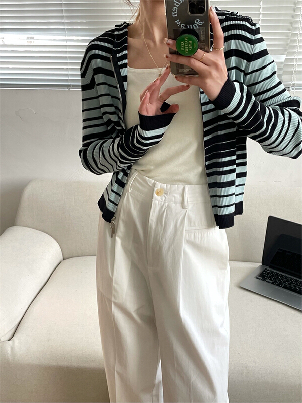 New year in early spring! [about me] Korean fashion slim senior color blocking double zipper knitted cardigan 219044# cqw