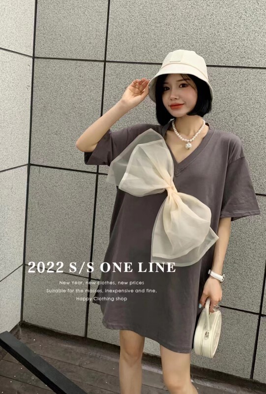 [dodo] V-neck simple lady heavy industry dress (bow can't be removed) 0349# LSL