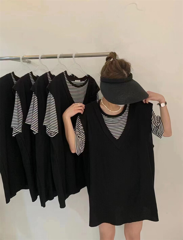 [C.Y] casual loose stripe medium long short sleeved T-shirt + clean V-neck vest set 3376# XJ