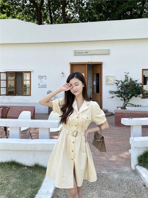 [woo woo shop] short sleeved breasted Pleated Dress (with belt) 32887# WPL
