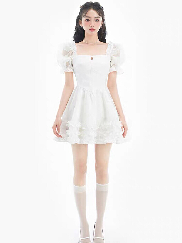 [Huaxi] niche square collar bubble sleeve dress 9040# PCZ