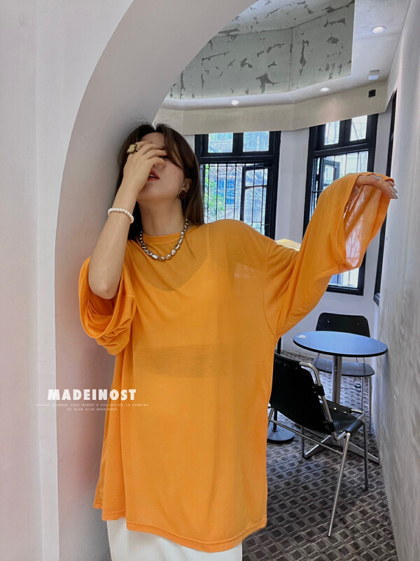 [OSHA madeinost] lazy wind loose large knitted micro transparent sunscreen shirt 86298# ll