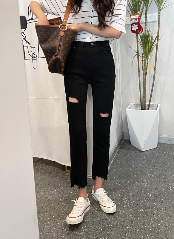 New in early summer! [enxier] solid color elastic straight jeans es1506# L