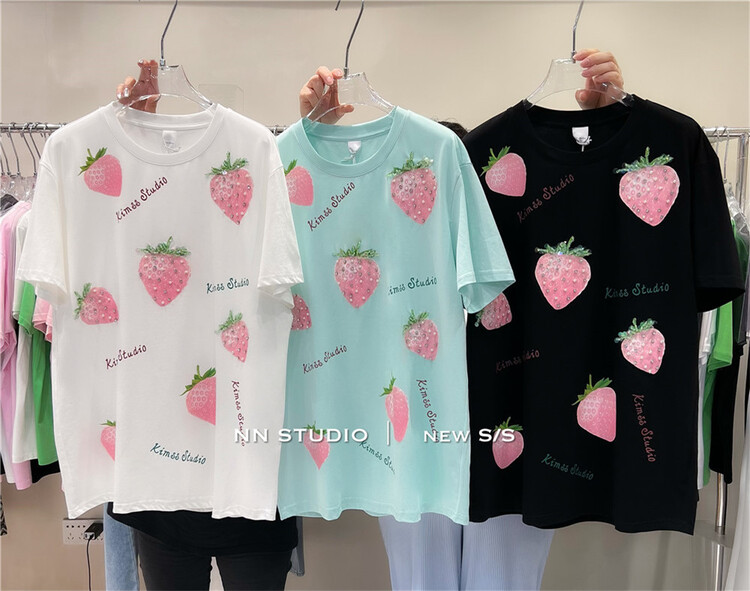 [NN] heavy industry hot drill strawberry letter loose short sleeve T-shirt 9650# XYY