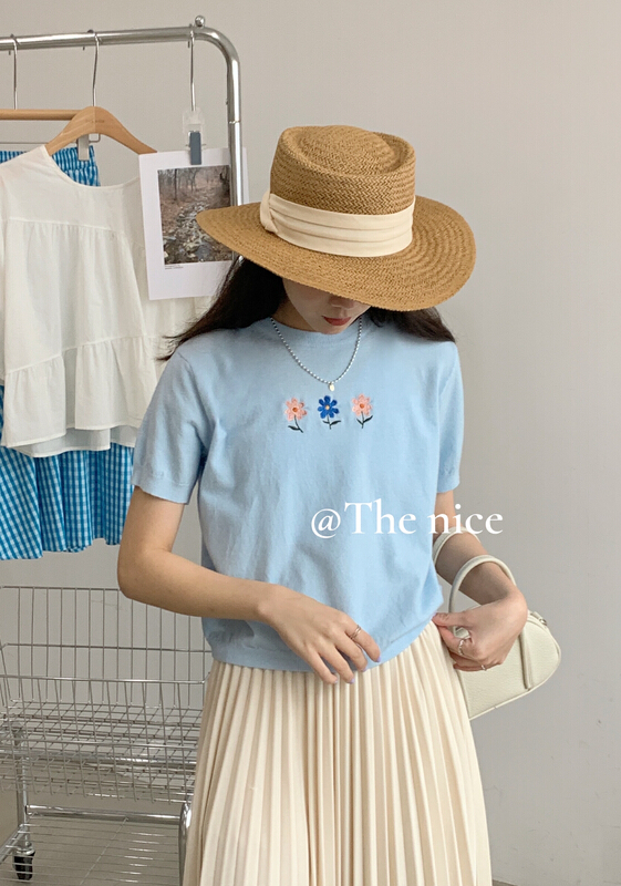 現貨!初夏新款!【THE NICE】韓系簡約刺繡小花朵百搭針織衫  00261#  HJY
