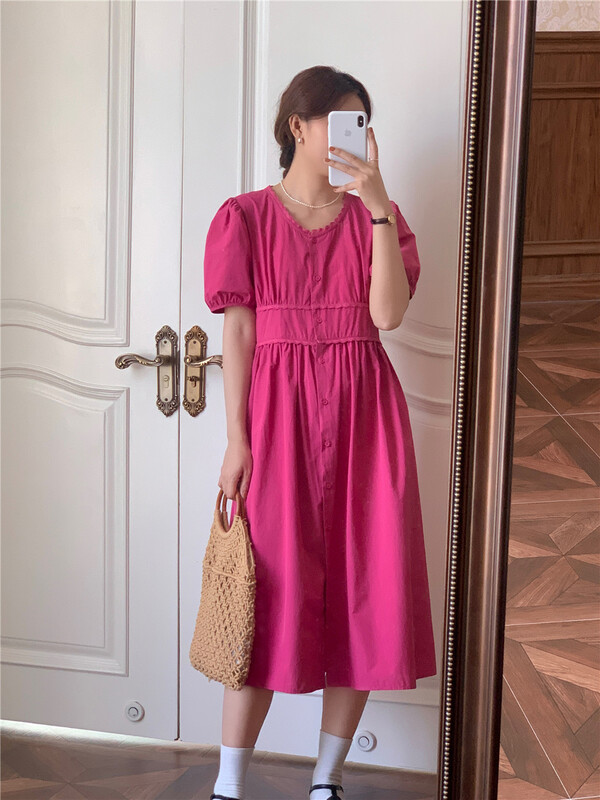 New in early summer! [feeding] temperament V-neck breasted dress 7856# cqw