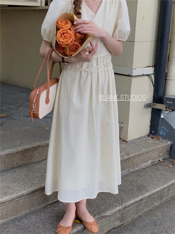 [blank] gentle lady V-neck bubble sleeve waist closing dress 512352# WPL