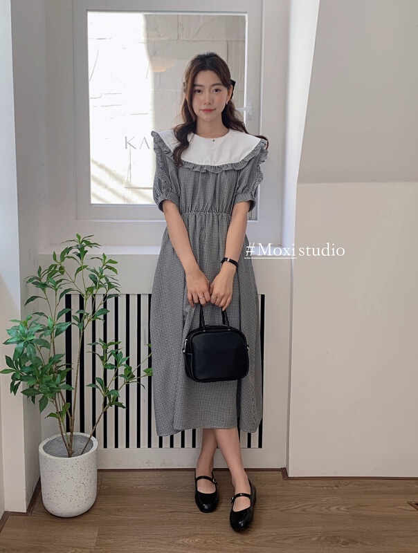 [Moxi] Korean aging temperament checkered slim dress 56530# XJ