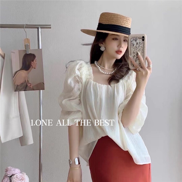 [1. One] French Vintage square collar pile sleeve blouse 8097# WPL
