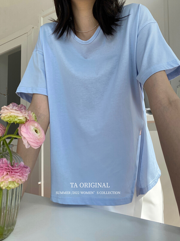 New in early summer! [TA] clear color side split loose short sleeve T-shirt ys1-227# ll