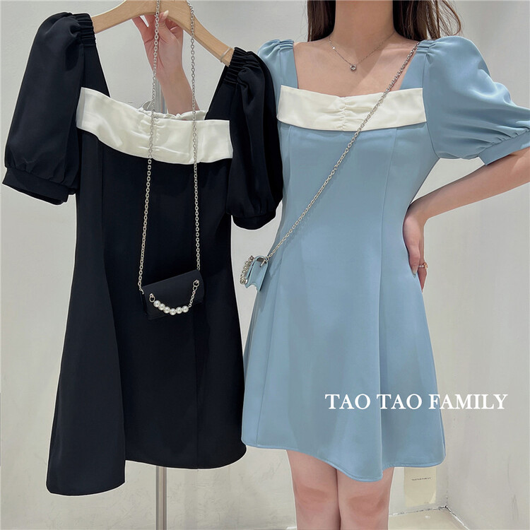 [Taotao family] contrast color square neck waist closing temperament dress (with bag) 3656# lwy