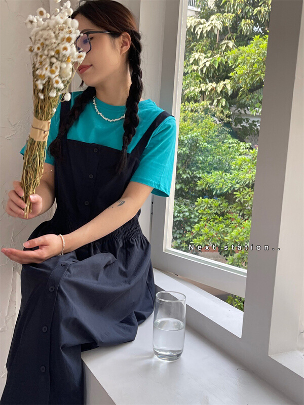 [next station] Korean solid color thin medium and long suspender skirt (only suspender skirt) 22218# zjy
