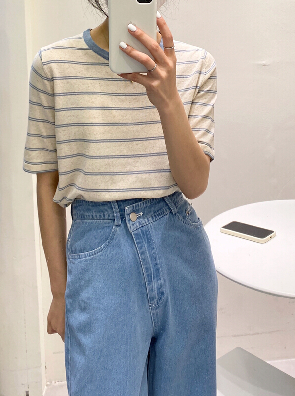 goods in stock! New year in early spring! [ISO Korean] crew neck stripe design Short Sleeve T-shirt 5375# hjy