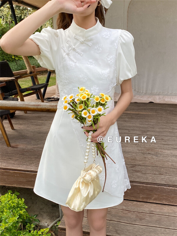 [Eureka] Vintage stand collar bubble sleeve embroidered dress 22057# WPL