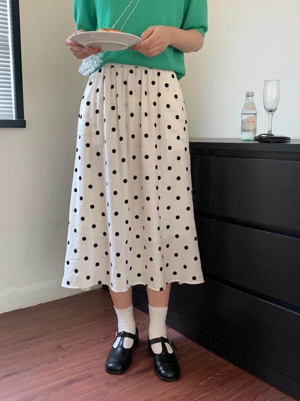 New in early summer! [feeding] elastic waist wave point large swing skirt 7860# cqw