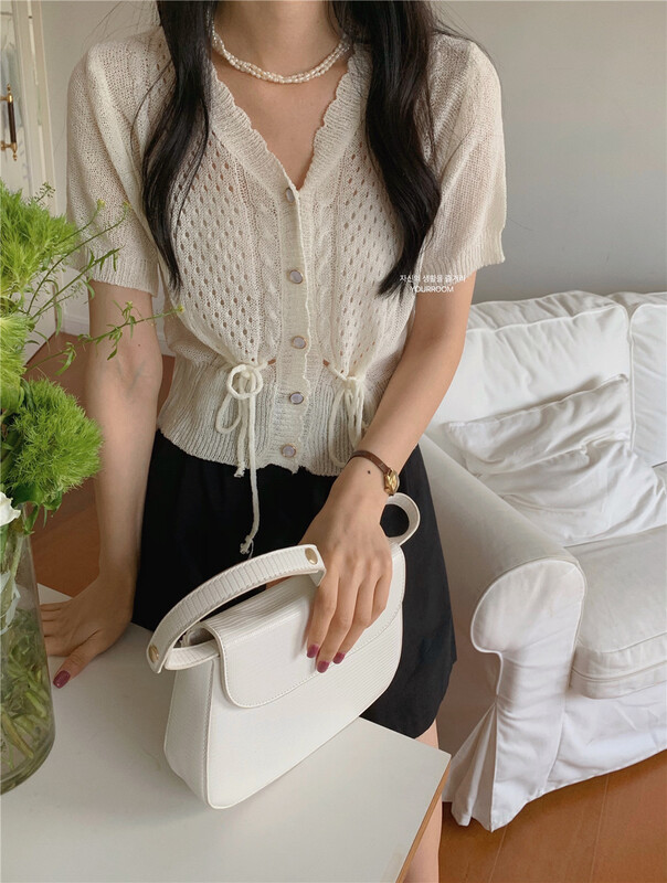 [your room] Korean solid color drawstring short knitted cardigan 690# cqw