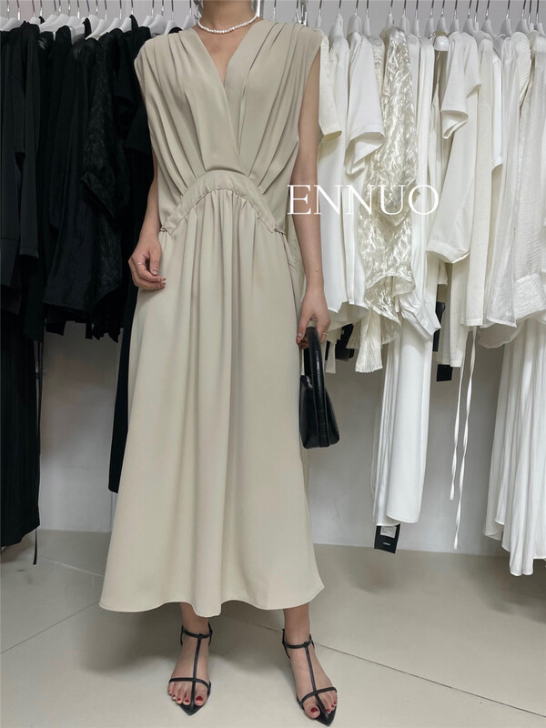 【ENNUO】壓褶淑女V領氣質連衣裙  1376#  L