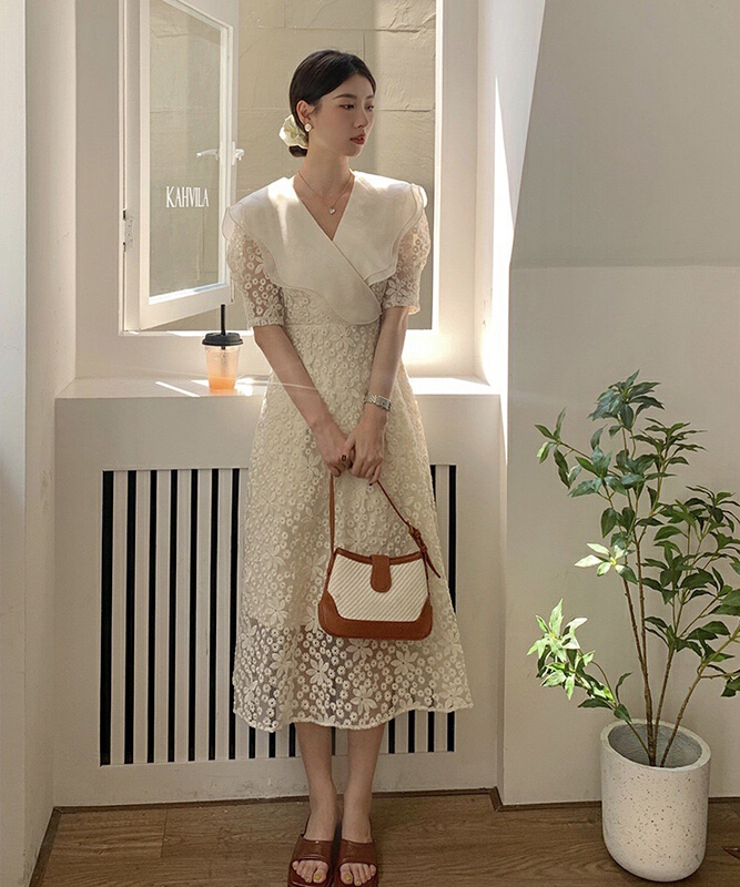 [x · h studio] French Ruffle temperament waist closing dress 08018# ozq