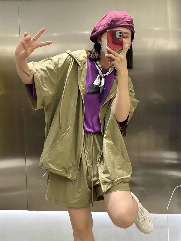 [we home] Korean simple zipper shirt + elastic waist casual Shorts Set 2136# L