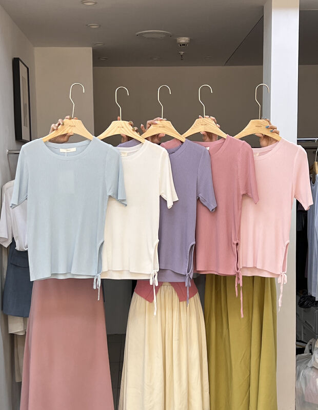 [we are] side drawstring solid color short sleeve sweater 30068# zjy