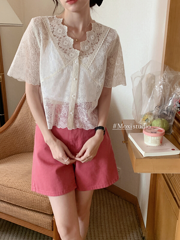 [Moxi] Korean style lace blouse (with sling) 6831# XJ