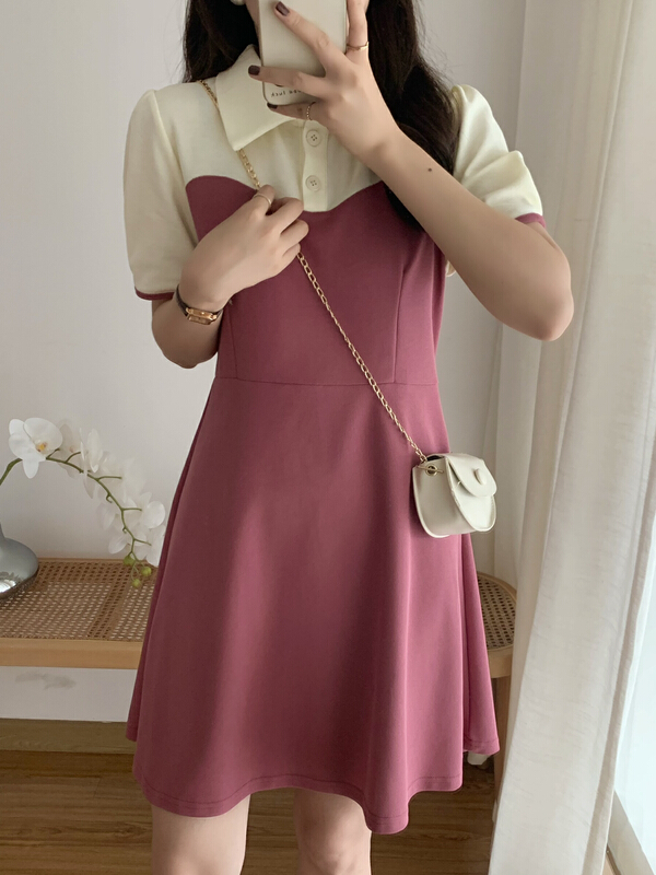[victory. 2] Korean color blocking polo collar dress v212# WPL