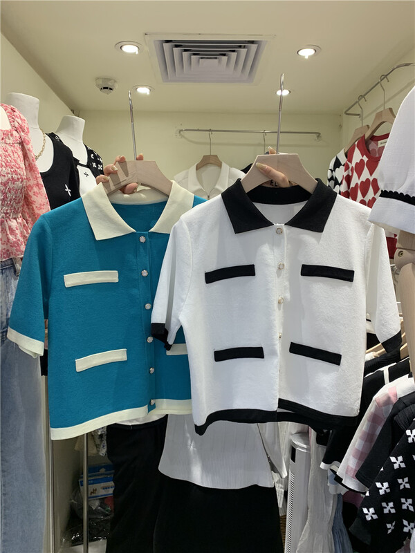 New in early summer! [66 home] Korean style color contrast single breasted ice silk sweater 9937# PCZ