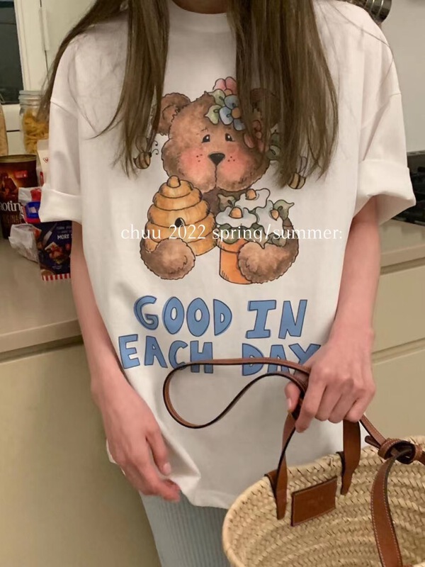 [chuu] Korean casual Cartoon Bear short sleeve T-shirt 61177# HBx