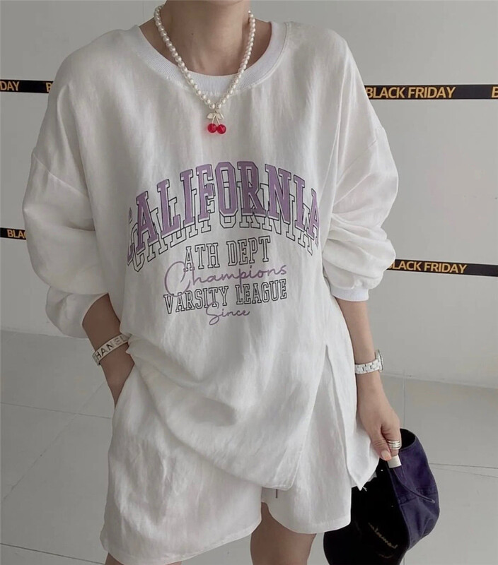[June 6th] crew neck lettered long sleeve T-shirt + comfortable casual Shorts Set 2378# WPL