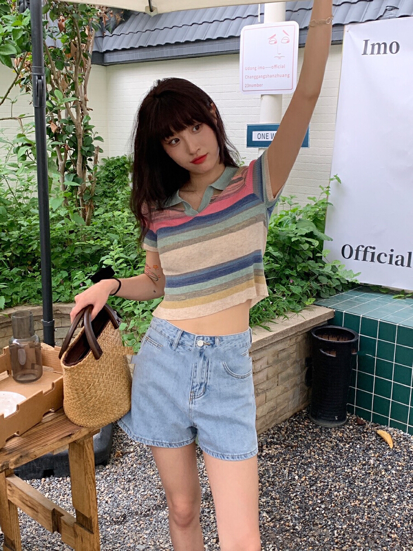 [blue show] Korean rainbow strip Pullover Sweater 6149# LSW