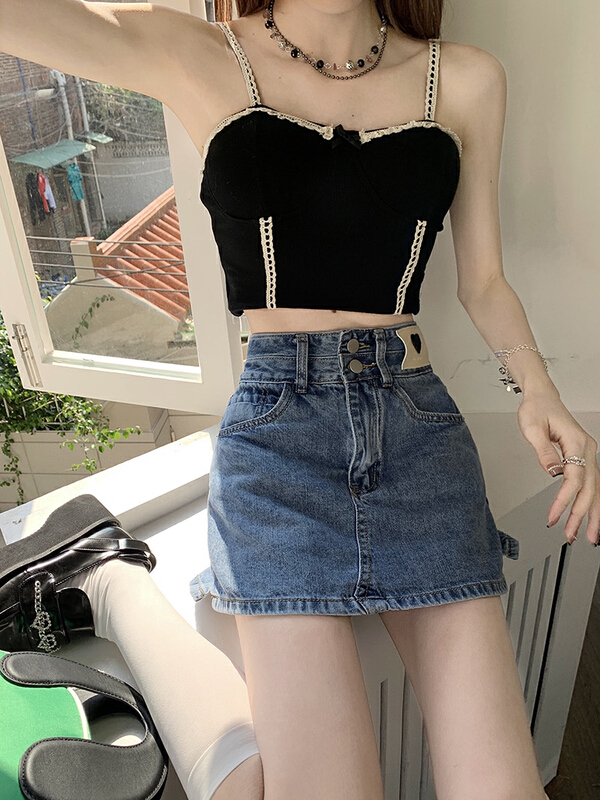[timely rain] Han Feng ins high waist and thin love label denim skirt pants 05309# WPL
