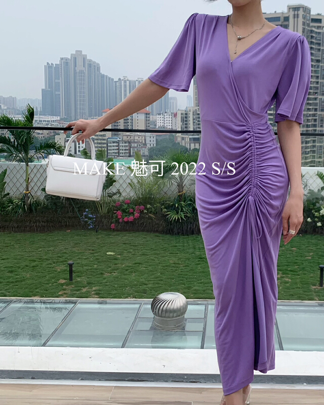 [make Meike] simple temperament V-neck Pleated Dress 8782# XJ