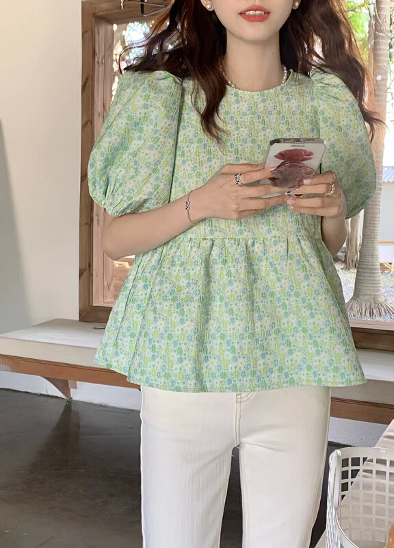 [Lu +] Korean version sweet back bow bubble sleeve blouse 713# hjy