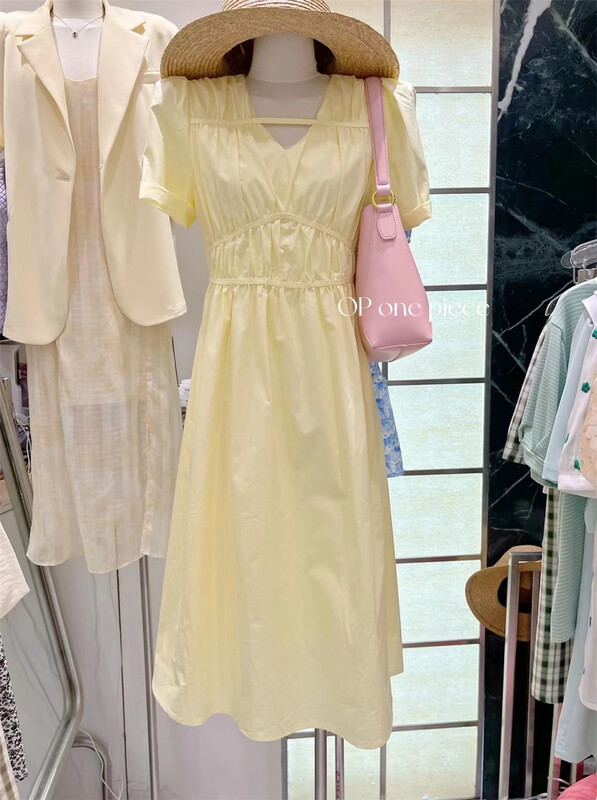 [one piece] Korean V-neck Pleated Dress ys2-60003# XYY