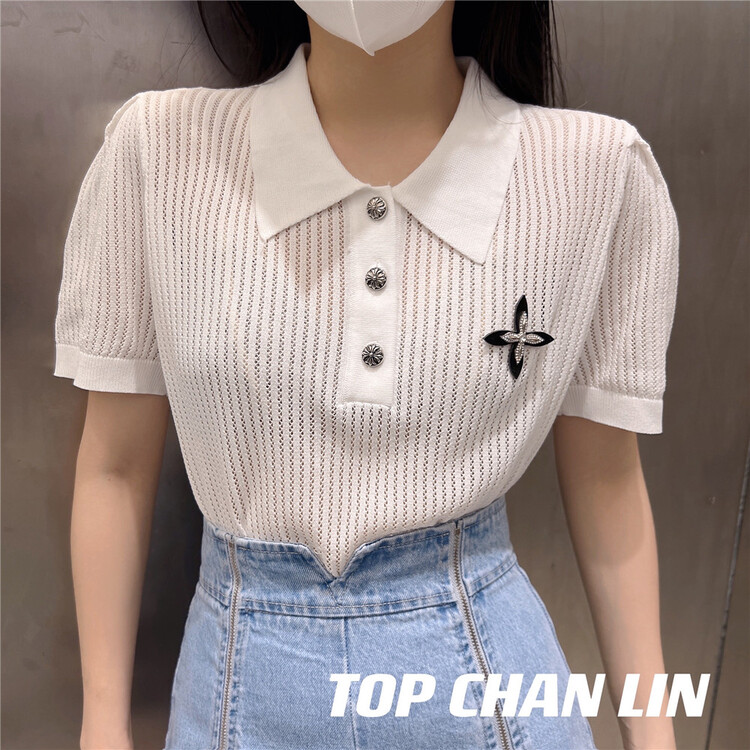 [top Chan Lin] heavy industry decorative polo collar short sleeve sweater 95132-1# cqw
