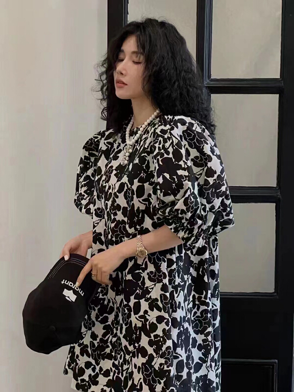 [mi ni] floral bubble sleeve loose dress 1036# PCZ