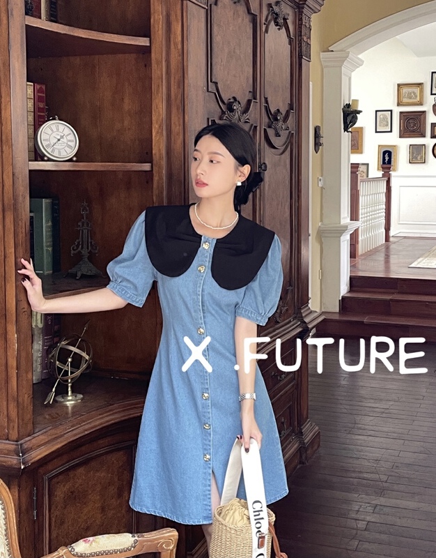 New in early summer! [x.future] Hong Kong Style denim stitched doll neck design dress x8103# zxx