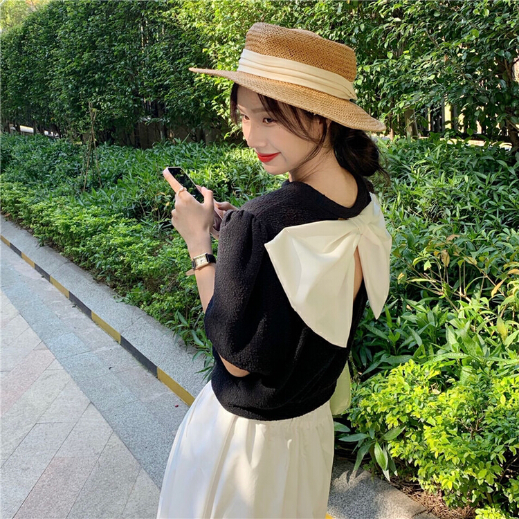 New in early summer! [y.jia Yijia] simple and gentle round neck open back bow tie blouse (only selling blouses) ys1-6688# PCZ