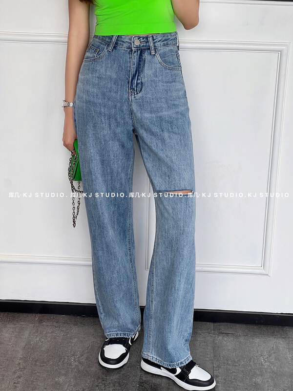 New in early summer! [kJ] perforated smoke pipe straight jeans 2849# zxl