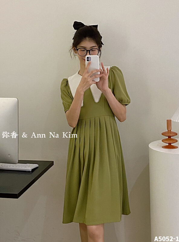 New year in early spring! [fragrance] bubble sleeve lace up contrast color small pointed collar pleated craft dress (with waist rope) 5052# hjy