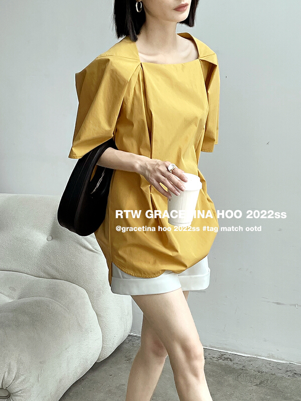[gracetina Hoo] shoulder pleated design temperament flat neck silhouette versatile shirt cs5159# zxl